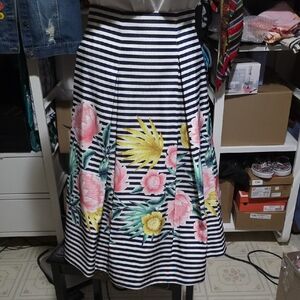 Eliza J Black and White Striped Floral A-Line Skirt Size 12